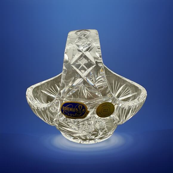 Bohemia Crystal 24% Lead Hand Cut Glass Basket Czech Republic Signed Pristine - Picture 1 of 10